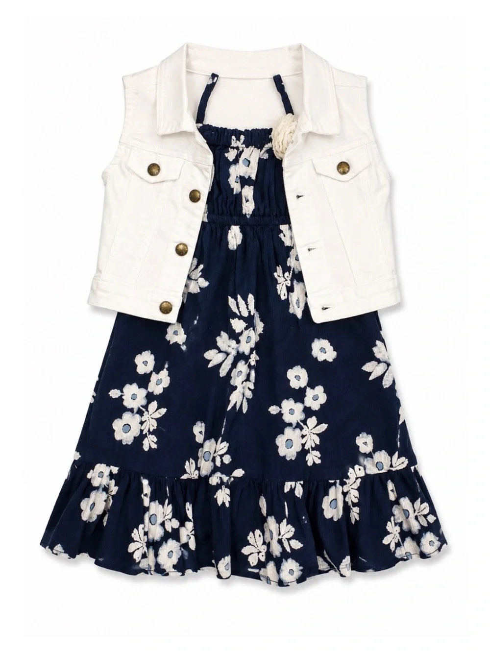 Genuine Kids Oshkosh Navy & White Floral Dress & White Denim Vest Set Girls 4T